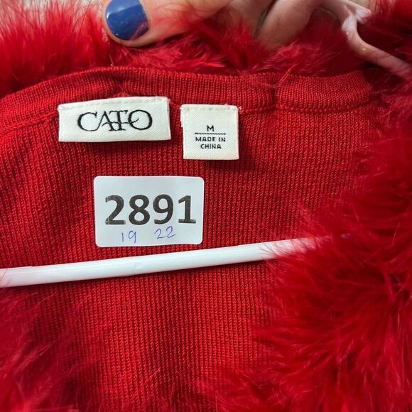 Vtg Y2K Cato Womens Red Sweater Medium Classic Feather Trim Neckline Long Sleeve - Picture 2 of 8